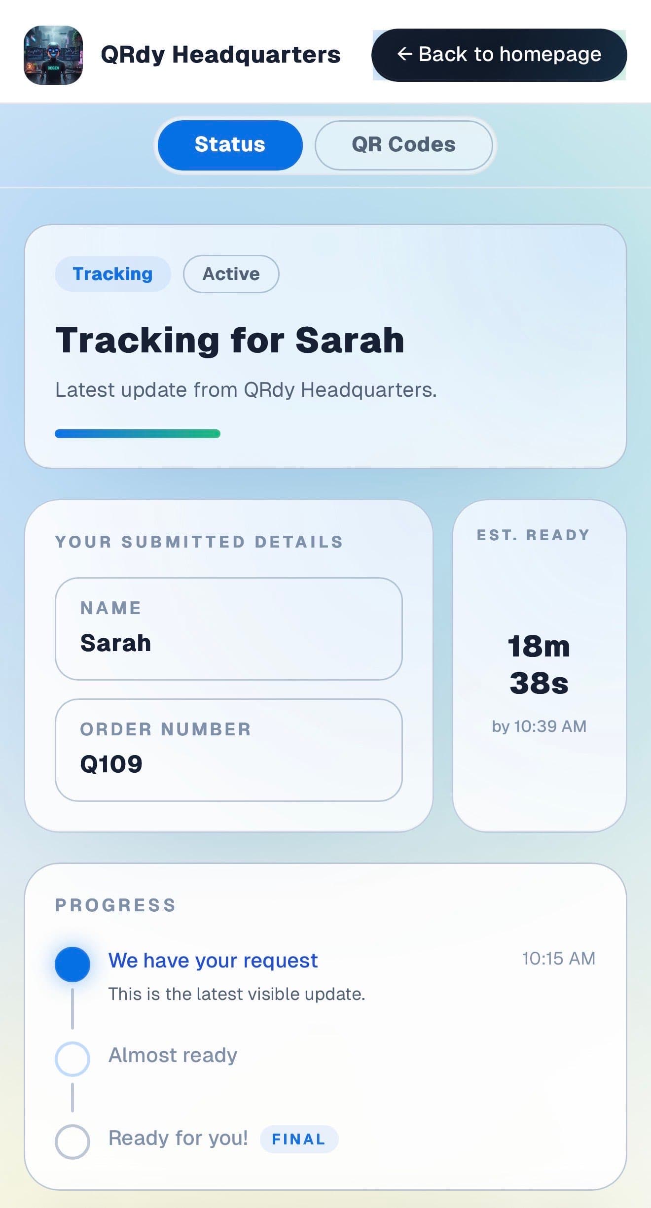 Customer tracking page showing the current job status, submitted details, and ETA.