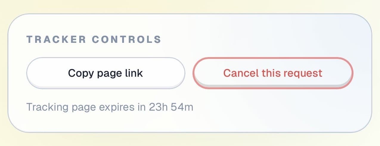 Tracker controls showing copy link and cancel request actions.