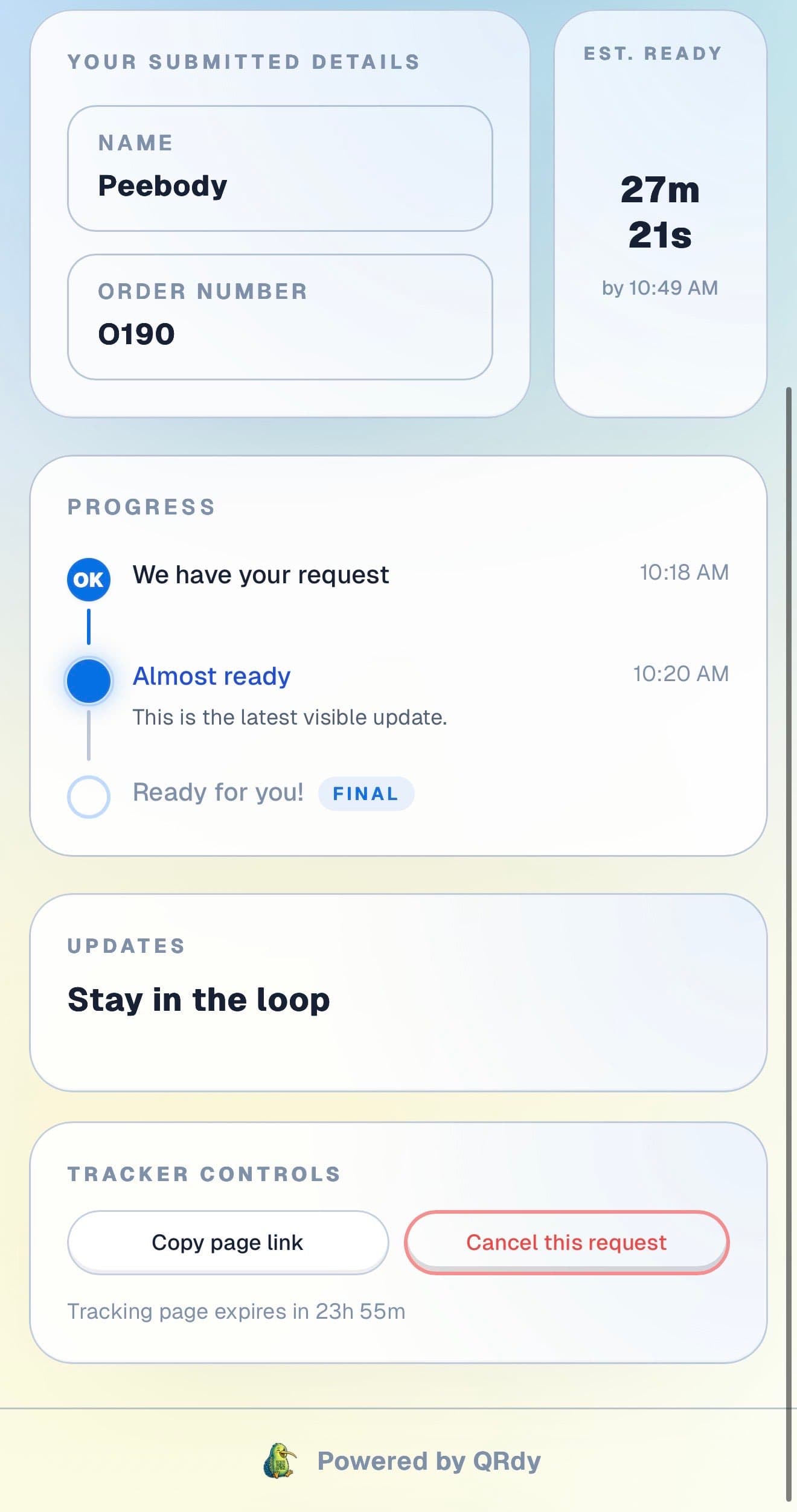 Customer progress timeline showing completed steps and the current live update.